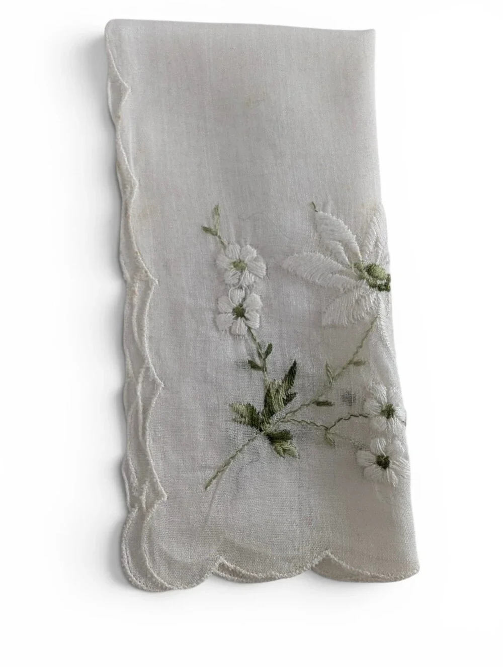 VINTAGE Hankerchief Embroidered White Linen Green Floral Design